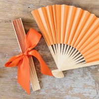 Personalized Orange Paper Hand Fans With Ribbon