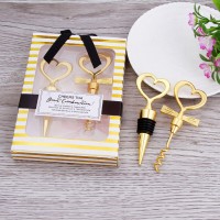 Bride and Groom Golden Heart Wine Stopper and Corkscrew Set