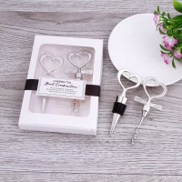 Bride and Groom Silver Heart Wine Stopper & Corkscrew Set